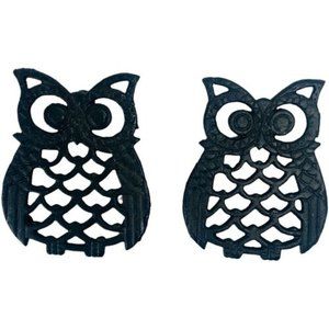 2 Vtg OWL 4”Trivet Cast Iron Metal Kitchen Coaster Pot Holder MCM Halloween fall